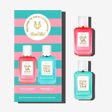 Guava Granita 7.5ml Eau De Parfum Mini Dabber and Miami Nectar 7.5ml Eau De Parfum Mini Dabber next to Beach Club Mini Fragrance Duo Gift Set box, on white background.