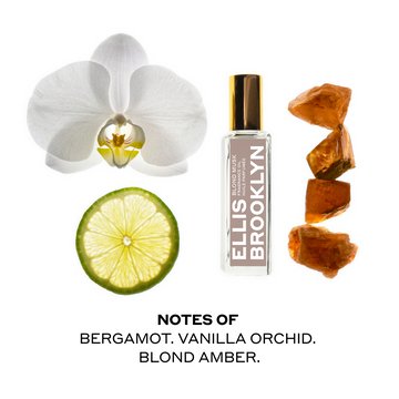 Blond Musk  Fragrance Oil 15ml with white flower, bergamot slice, and pieces of amber on white background above black text that reads "Notes Of Bergamot. Vanilla Orchid. Blond Amber."