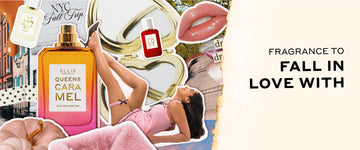 Collage image of brick house, pumpkin, pink jacket, model with brown hair in black and pink nightgown set and brown heels with legs on oversized bottle of Queens Caramel 50ml Eau De Parfum without cap, Vanilla Salt 50ml Eau De Parfum, white and black polka dot ribbon, paper with black text that reads "NYC Fall Trip", gold heart shaped mirror, Apple Love 50ml Eau De Parfum, tree, lips, jacket, newspaper clippings, and sunset, next to black text that reads "Fragrance to Fall In Love With" on white background.