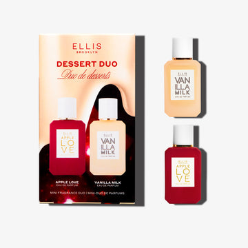 Desert Duo box next to Vanilla Milk 7.5ml Eau De Parfum Mini Dabber and Apple Love 7.5ml Eau De Parfum Mini Dabber on white background.