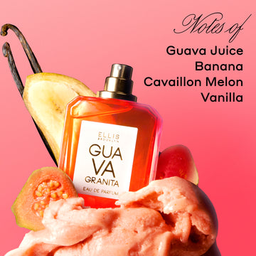 Guava Granita 50ml Eau De Parfum with cap removed in pink sorbet with guavas, banana, and vanilla beans against pink background with black text that reads "Notes of Guava Juice, Banana, Cavaillon Melon, Vanilla".