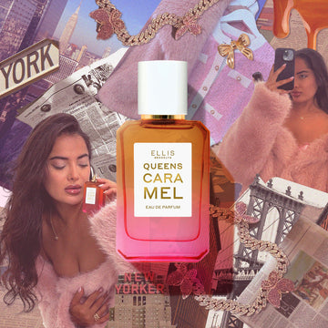 Queens Caramel 50ml Eau De Parfum against collage image of New York City Skyline, buildings, bridges, and street signs, newspapers, pink and gold diamond butterfly necklace, gold bow, pink and white jacket, caramel drips, model with black hair wearing gold necklace and pink fur jacket holding black IPhone to face, and model with black hair wearing gold necklace, gold ring, and pink fur jacket holding Queens Caramel 50ml Eau De Parfum without cap to face.