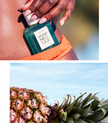 Model with nude nail polish tucking Miami Nectar 50ml Eau De Parfum into orange bikini bottoms on green background, above image of pineapple on blue and white background.