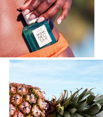 Model with nude nail polish tucking Miami Nectar 50ml Eau De Parfum into orange bikini bottoms on green background, above image of pineapple on blue and white background.
