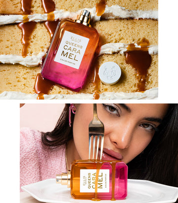 Queens Caramel 50ml Eau De Parfum with cap removed on layered vanilla cake with vanilla frosting and melted caramel, above image of model with black hair wearing pink diamond earring, gold necklace, and pink shirt holding fork to Queens Caramel 50ml Eau De Parfum bottle without cap, covered in melted caramel on white plate, on white table, on white background.