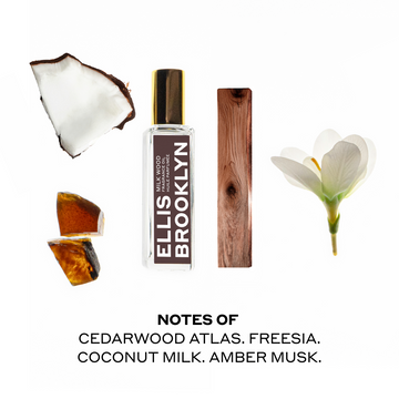 Milk Wood  Fragrance Oil 15ml with coconut, amber, piece of wood, and white flower on white background above black text that reads "Notes Of Cedarwood Atlas. Freesia. Coconut Milk. Amber Musk."