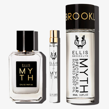 Myth 50ml Eau De Parfum, Myth 10ml Eau De Parfum Travel Spray, and Myth Spectacular Scented Body Oil 95ml on white background.