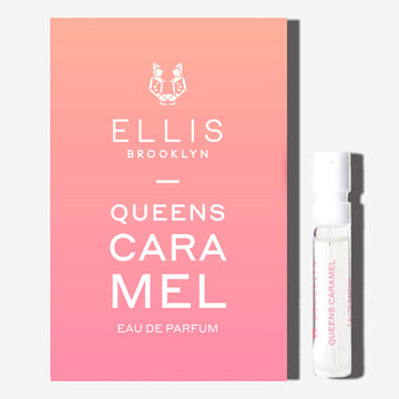 Queens Caramel 1.5ml Eau De Parfum Vial next to pink and orange ombre Queens Caramel Eau De Parfum vial holder card, on white background.