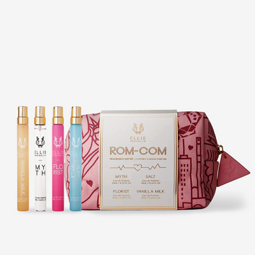 Vanilla Milk 10ml Eau De Parfum Travel Spray, Myth 10ml Eau De Parfum Travel Spray, Florist 10ml Eau De Parfum Travel Spray, and Salt 10ml Eau De Parfum Travel Spray in front of red and pink pattered Rom-Com Fragrance Gift Set bag.