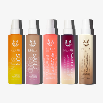 Sun Hair And Body Fragrance Mist 100ml, Sand Hair And Body Fragrance Mist 100ml, Peaches Hair And Body Fragrance Mist 100ml, Vanilla Sin Hair And Body Fragrance Mist 100ml, and Marshmallows Hair And Body Fragrance Mist 100ml, on white background.