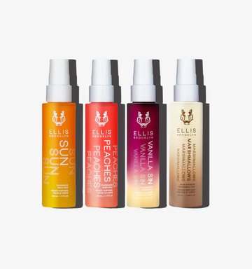 Sun Hair And Body Fragrance Mist 50ml, Peaches Hair And Body Fragrance Mist 50ml, Vanilla Sin Hair And Body Fragrance Mist 50ml, and Marshmallows Hair And Body Fragrance Mist 50ml, on white background.