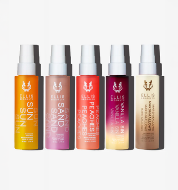 Sun Hair And Body Fragrance Mist 50ml, Sand Hair And Body Fragrance Mist 50ml, Peaches Hair And Body Fragrance Mist 50ml, Vanilla Sin Hair And Body Fragrance Mist 50ml, and Marshmallows Hair And Body Fragrance Mist 50ml, on white background.