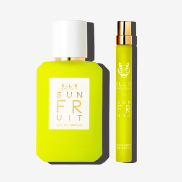 Sun Fruit 50ml Eau De Parfum 50ml and Sun Fruit 10ml Eau De Parfum Travel Spray on white background.