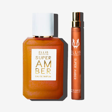 Super Amber 50ml Eau De Parfum and Super Amber 10ml Eau De Parfum Travel Spray on white background.