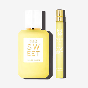 Sweet 50ml Eau De Parfum 50ml and Sweet 10ml Eau De Parfum Travel Spray on white background.