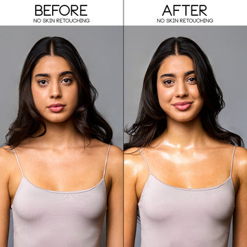 Model with black hair wearing grey tank top before and after applying Vanilla Milk Shimmering Scented Body Oil 95ml on chest and arms, with no skin retouching, on grey background.