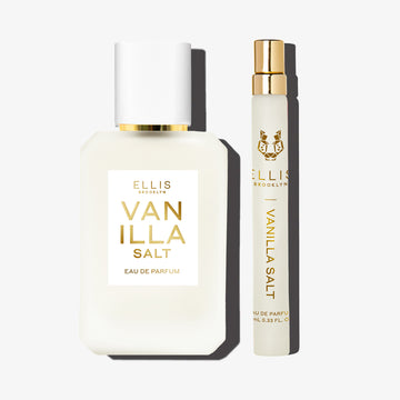 Vanilla Salt 50ml Eau De Parfum and Vanilla Salt 10ml Eau De Parfum Travel Spray on white background.