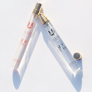 Rrose 10ml Eau De Parfum Travel Spray next to Myth 10ml Eau De Parfum Travel Spray with cap removed on white background.