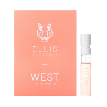 West 1.5ml Eau De Parfum Vial next to pink West Eau De Parfum vial holder card, on white background.