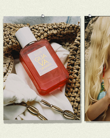 Photo of Guava Granita Eau de Parfum 50 ml on top of brown, woven bag and white, folded dress with gold shell chain on a denim background and half of a photo of a model with blonde hair and colorful bikini top in front of a rock, both pinned with a clear tack to a cream background.