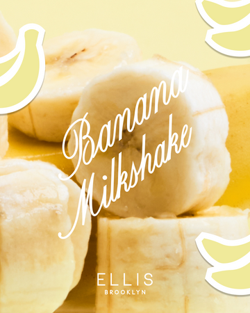 Slices of banana on yellow background with white outlined, yellow cartoon bananas and white text that reads "Banana Milkshake" and "Ellis Brooklyn"