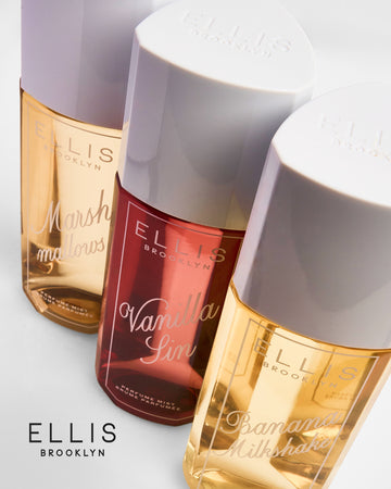 MARSHMALLOWS Perfume Mist 240ml, VANILLA SIN Perfume Mist 240ml, and BANANA MILKSHAKE Perfume Mist 240ml  with black text that reads "Ellis Brooklyn" on white background 