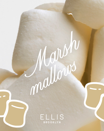 Marshmallows on white background with white outlined, beige cartoon marshmallows and white text that reads "Marshmallows" and "Ellis Brooklyn"