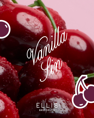 Cherries on pink background with white outlined, maroon cartoon cherries and white text that reads "Vanilla Sin" and "Ellis Brooklyn"