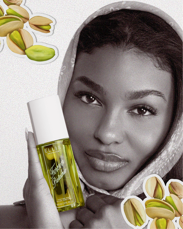 Black and white image of a woman wearing a scarf on her head and holding FOREVER PISTACHIO Perfume Mist 90ml overlaid with drawn images of pistachios outlined in white