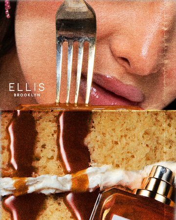 Collage image of model with brown hair wearing pink earrings holding fork to melted caramel with white Ellis Brooklyn logo above image Queens Caramel 50ml Eau De Parfum without cap resting on  vanilla cake with caramel and vanilla frosting.