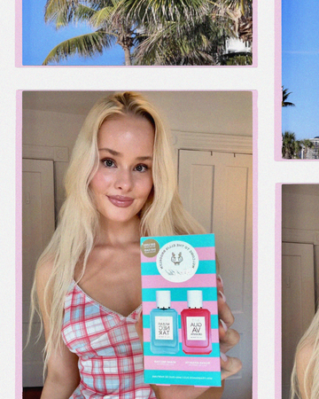 Collage image of palm trees with blue sky and model with blond hair and nude nail polish wearing plaid tank top holding Beach Club Mini Fragrance Duo Gift Set box with white room and doors in background, on white and pink background.