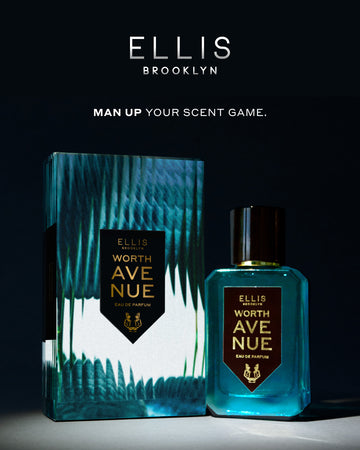 Worth Avenue 50ml Eau De Parfum next to Worth Avenue Eau De Parufm box in spotlight, on black background with white Ellis Brooklyn logo and white text that reads "Man Up Your Scent Game."