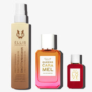 Marshsmallows Hair and Body Fragrance Mist 100ml, Queens Caramel Eau de Parfum 50ml, and mini Apple Love dabber 7.5ml on white background