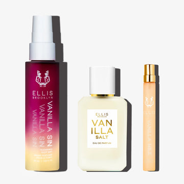 Vanilla Sin Fragrance Body Mist 50ml, Vanilla Salt Eau de Parfum 50ml, and Vanilla Milk Eau de Parfum 10ml on white background