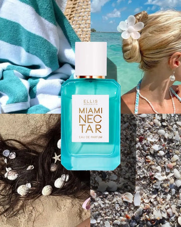 Miami Nectar 50ml Eau De Parfum on collage background of green and white striped towel on wicker chair, side of models head with blonde hair in white flower clip wearing pearl earrings, pearl necklace, and blue tank top with ocean in background, dark brown hair with shells and starfish on sand, and broken shells on sand.