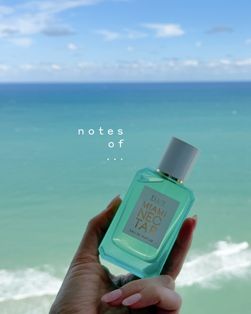Hand with light pink manicure holds MIAMI NECTAR Eau de Parfum 50ml up against the blue ocean with a blue sky and  white clouds in the background and white text that reads 'notes of ...'