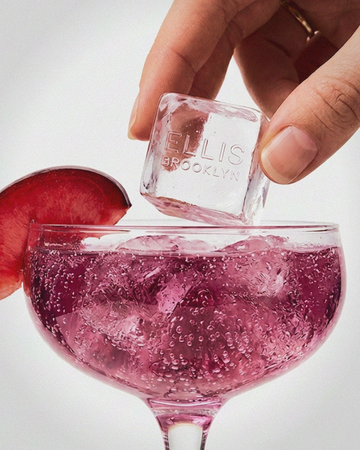 Close-up of a hand wearing a gold ring holding a clear Ellis Brooklyn embossed ice cube above a purple cocktail in a coupe glass with a slice of plum on a white background
