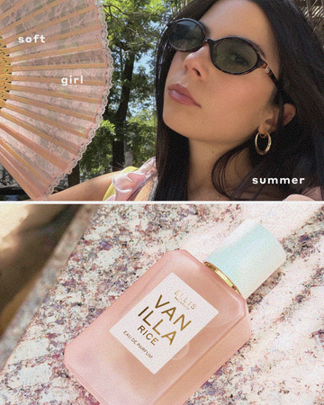 A split collage: the top half shows a woman outdoors wearing dark sunglasses and holding a pink paper fan, with white text that reads 'soft girl summer' overlaid. The bottom half shows VANILLA RICE Eau de Parfum 50ml on a pink and gray stone surface.