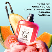 Guava Granita 50ml Eau De Parfum with cap removed in pink sorbet with slice of guava, banana slice, cantaloupe slices and vanilla beans against blue background with black text that reads "Notes of Guava Juice, Cavaillon Melon, Banana, Vanilla".