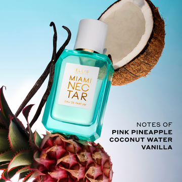 Miami Nectar 50ml Eau De Parfum with pink pineapple, vanilla beans, and coconut on light blue background with black text that reads "Notes of Pink Pineapple, Coconut Water, Vanilla".
