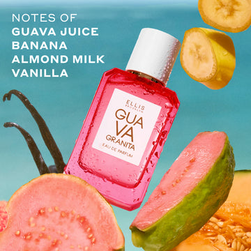 GUAVA GRANITA Eau de Parfum 50ml next to sliced guavas, sliced banana, vanilla beans and half of a cantaloupe all covered in water droplets on a blue background with white text that reads "notes of guava juice, banana, almond milk, vanilla"