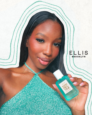 Woman with black hair wearing a teal halter tank top and silver necklace holds MIAMI NECTAR Eau de Parfum 50ml against a white background outlined in teal with black text that reads "Ellis Brooklyn"