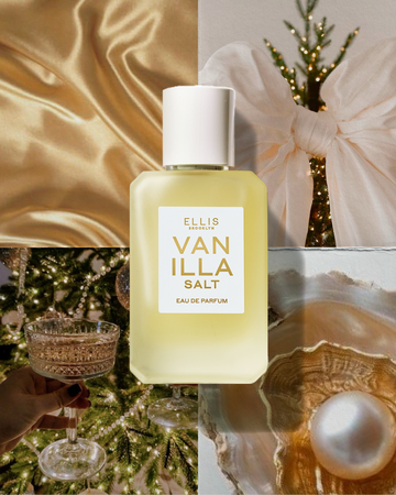 Vanilla Salt Eau de Parfum 50ml over a collage of gold silk, a white bow on a Christmas tree with lit white lights against a white background, a hand holding a champagne coupe against a lit Christmas tree with white lights and beads, and a pearl inside of an oyster shell on a white background.