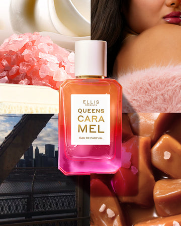 Queens Caramel 50ml Eau De Parfum on top of collage image on white chocolate, whipped cream, pink salt, bridge, pieces of salted caramel, and model with brown hair wearing pink jacket and gold necklace.