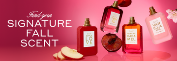 APPLE LOVE Eau de Parfum 50ml, PLUM TONIC Eau de Parfum 50ml on top of sliced plum, QUEENS CARAMEL Eau de Parfum 50ml, and VANILLA RICE Eau de Parfum 50ml all without caps between apple slices, plum slice and cherry blossom on red background with white text that reads 'Find your SIGNATURE FALL SCENT'