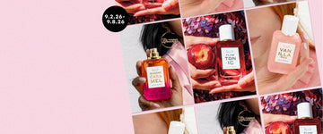 Collage of model holding PLUM TONIC Eau de Parfum 50ml and bitten plum in hands in front of purple and pink sequin top, model with red hair wearing a pink top holding VANILLA RICE Eau de Parfum 50ml against her cheek, and a model with black hair wearing a pink blazer and gold queen hoops holds QUEENS CARAMEL Eau de Parfum without cap all on pink background with black circle and white text that reads "9.2.26-9.8.26"