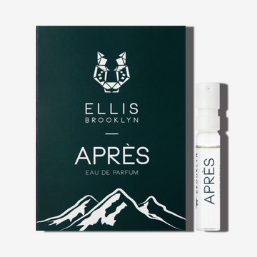 Après 1,5 ml de flacon d'eau de parfum à côté de la carte porte-flacon d'eau de parfum Après vert foncé.