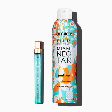 Amika x Ellis Brooklyn Miami Nectar Perk Up Dry Shampoo and Miami Nectar Eau De Parfum 10ml Travel Spray on white background.