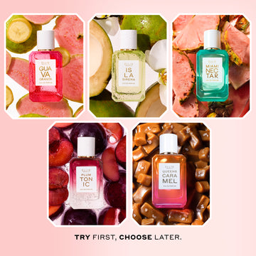 Collage of GUAVA GRANITA Eau de Parfum 50ml on sliced guavas and bananas, ISLA SIRENA Eau de Parfum 50ml on green coconuts and white flowers, MIAMI NECTAR Eau de Parfum 50ml on sliced pink pineapple, pLUM TONIC Eau de Parfum 50ml on sliced plums, and QUEENS CARAMEL Eau de Parfum 50ml on caramel cubes and pink salt all on a pink background with black text that reads "Try first, choose later."