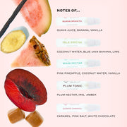 2ml vials of GUAVA GRANITA Eau de Parfum, ISLA SIRENA Eau de Parfum, MIAMI NECTAR Eau de Parfum, PLUM TONIC Eau de Parfum, and QUEENS CARAMEL Eau de Parfum next to sliced guava, banana, pink pineapple, and plum, caramel cubes and a vanilla bean on a pink background with black text that reads "Notes of... guava juice, banana, vanilla. coconut water, blue java banana, lime. pink pineapple, coconut water, vanilla. plum nectar, iris, amber. caramel, pink salt, white chocolate."